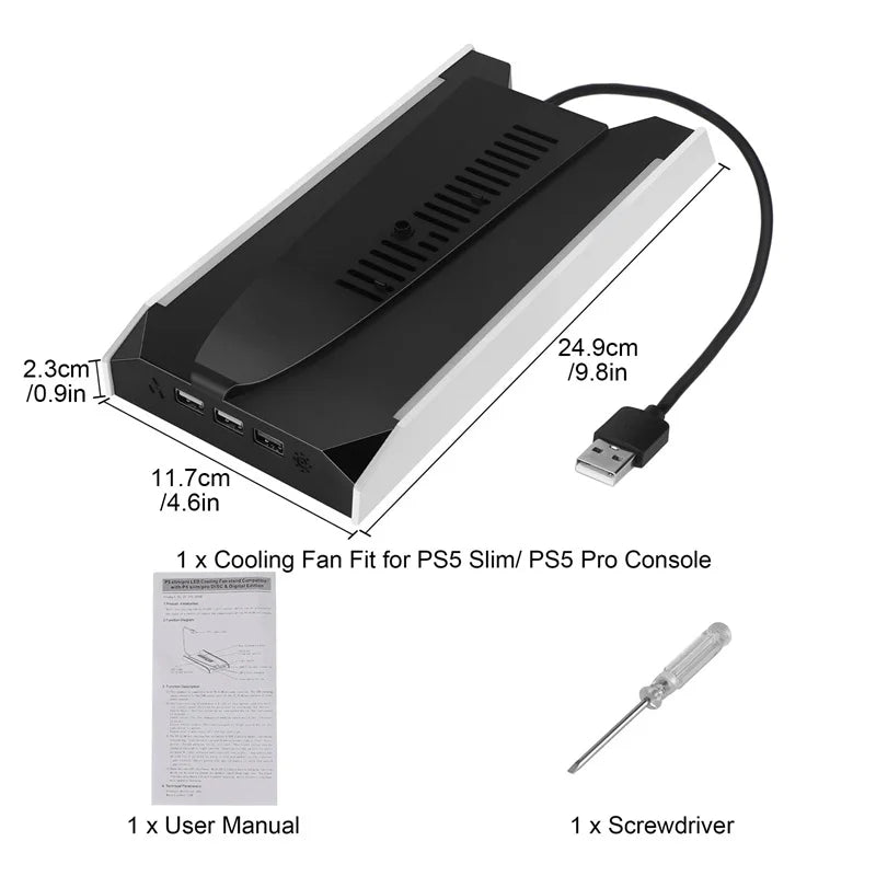 For PS5 Slim/PS5 Pro Vertical Cooling Stand Base RGB VR Headset Controller Charger Dock Station W/ 3-Speed Cooling Fan For PS5
