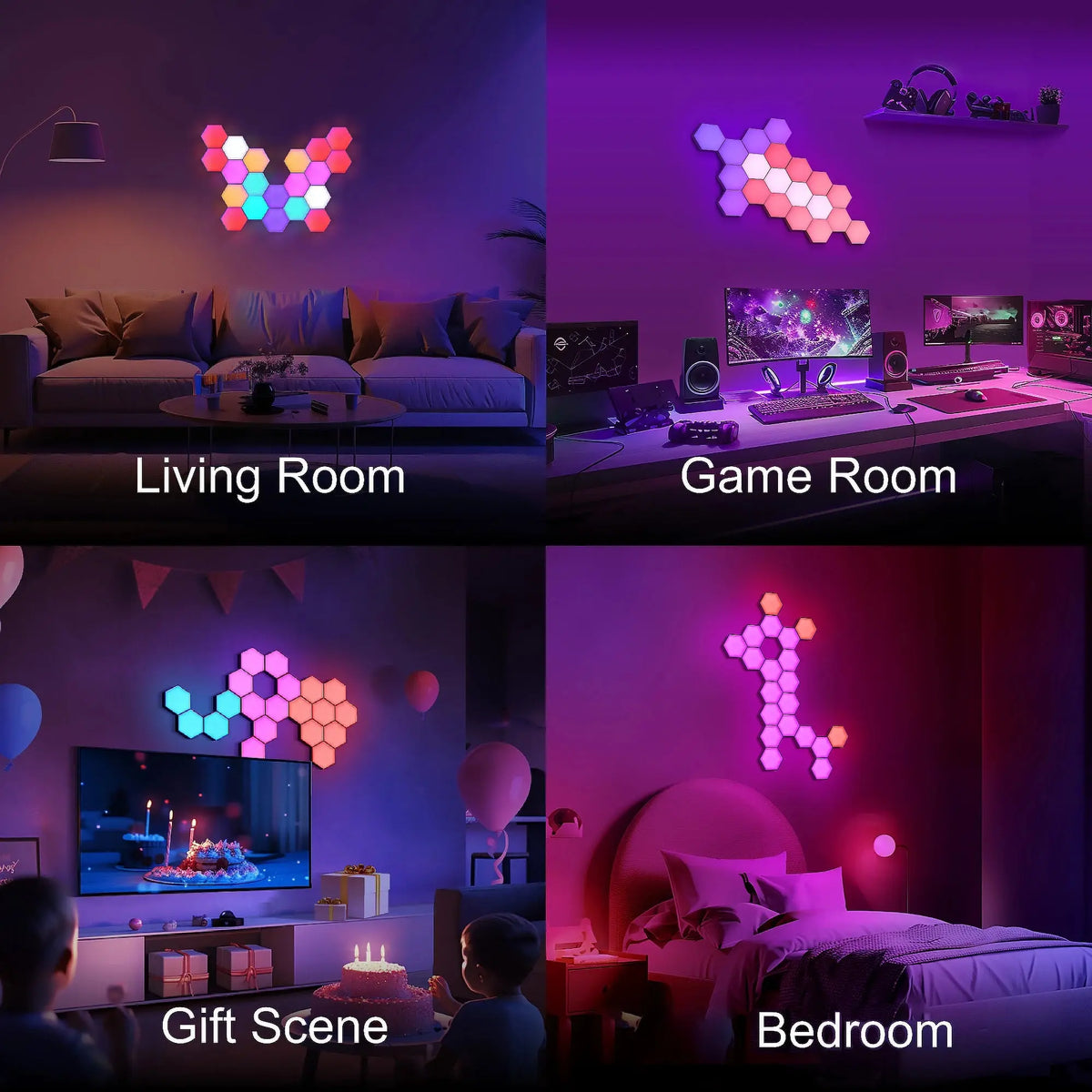 8/12/20 PCS Smart Hexagon Wall Light Color Changing Ambient Hexagonal Lights Night DIY Music Sync MeRGBW APP Games Room Bedroom Deals 4 U  RGB Hexagon Wall Lights Deals 4 U