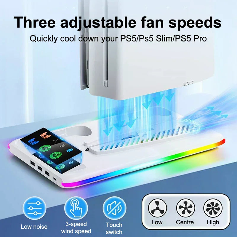 For PS5 Slim/PS5 Stand Cooling Holder & Controller Charging Station With Headphone Hook RGB Light 3 Levels Cooling Fan For PS5