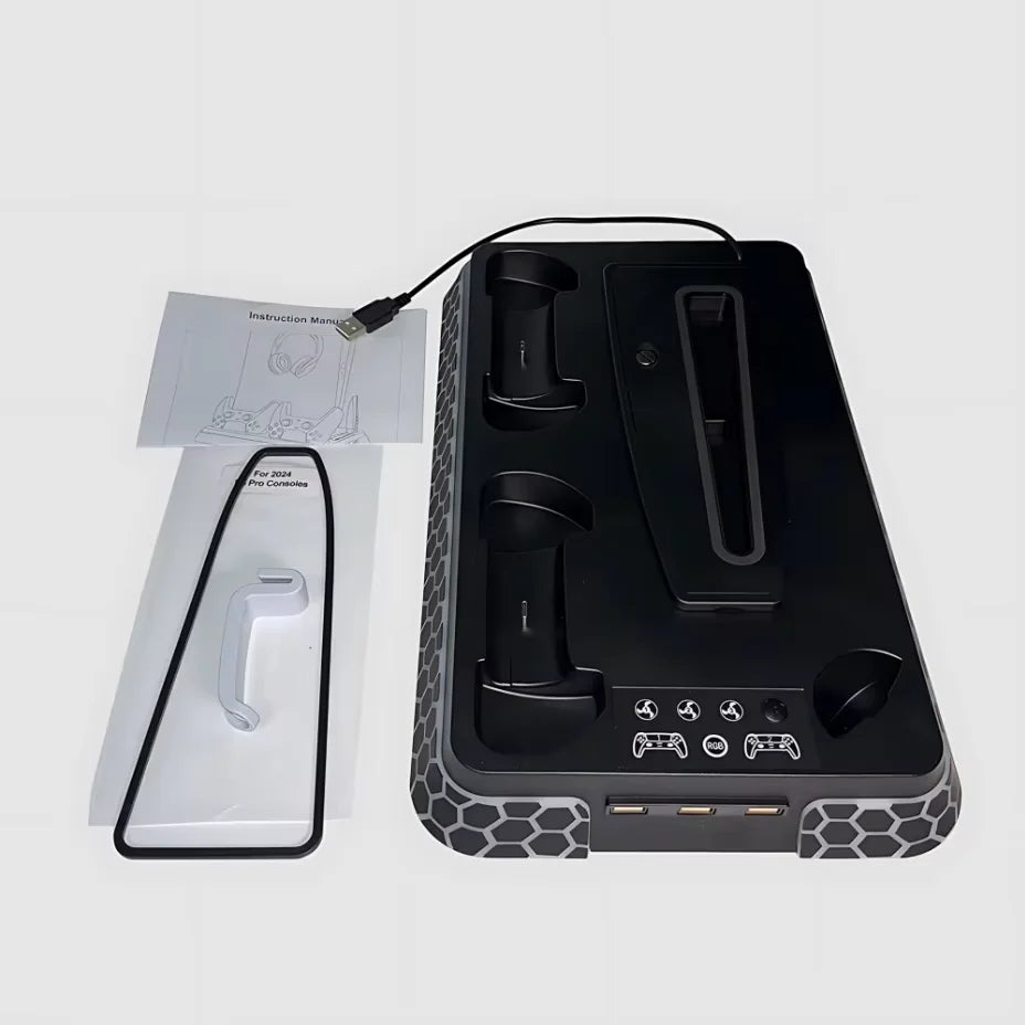 For PS5/PS5 Slim/PS5 Pro All-in-One Cooling Stand Base Model with RGB Lighting Effects Storage Function game Controller base