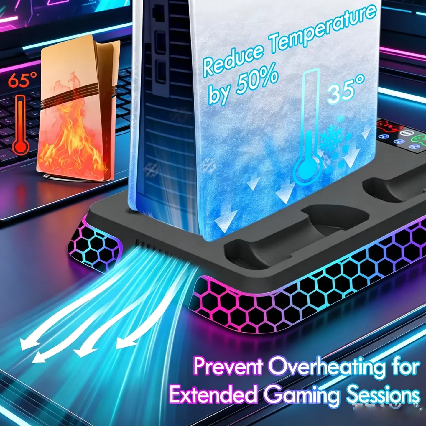 For PS5/PS5 Slim/PS5 Pro All-in-One Cooling Stand Base Model with RGB Lighting Effects Storage Function game Controller base