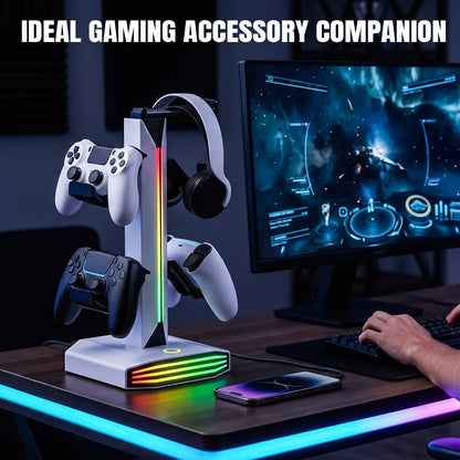 RGB Game Controller Holder Rack with 7 Light Modes, Headphone Stand 2 USB Charging and 1 Type-C for PS5/PS4/Xbox/Switch Pro