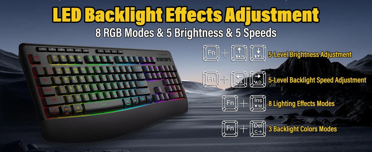 FocusOnPC K787 2.4G Tri-Mode Wireless Gaming Keyboard, 104 Keys RGB Backlit, Ergonomic USB-C Plug-and-Play Keyboard, 1900mAh Battery, Auto Sleep & Low Battery Alert, Silent Typing for Game