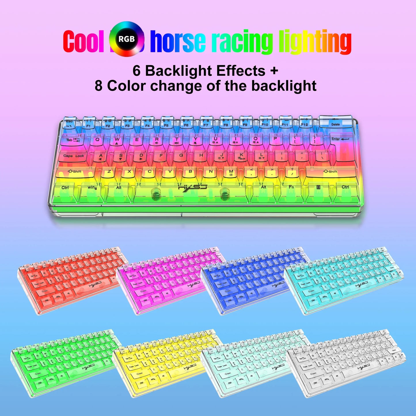 HXSJ 60% Wired Transparent Gaming Keyboard, RGB Backlit Ultra-Compact Waterproof Small Compact 61 Keys Keyboard for PC/Mac