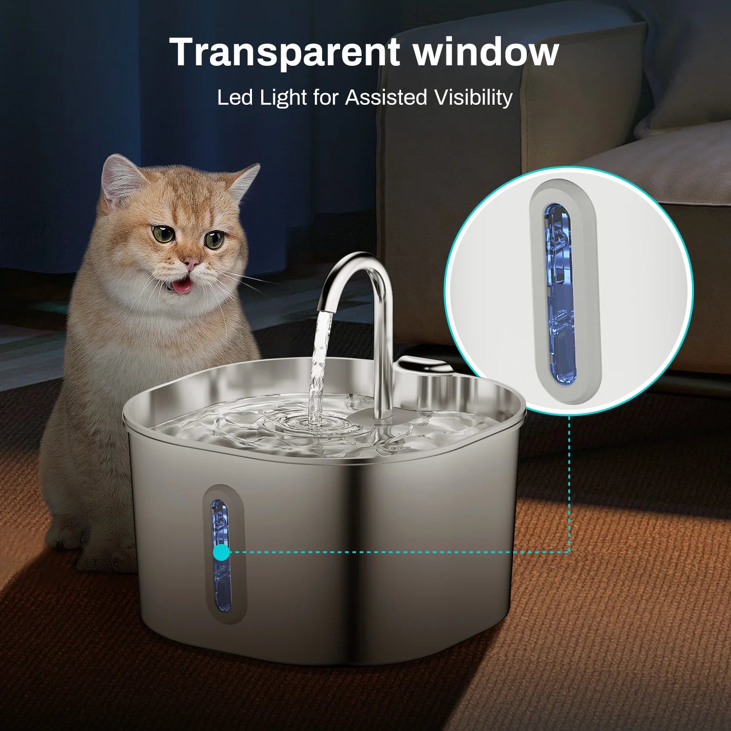 ZYFeeder 2.2L Automatic Cat Water Fountain Square Stainless Steel Pet Water Feeder Dog Water Fountain with window（No 5V 1A Plug） Deals 4 U   Deals 4 U