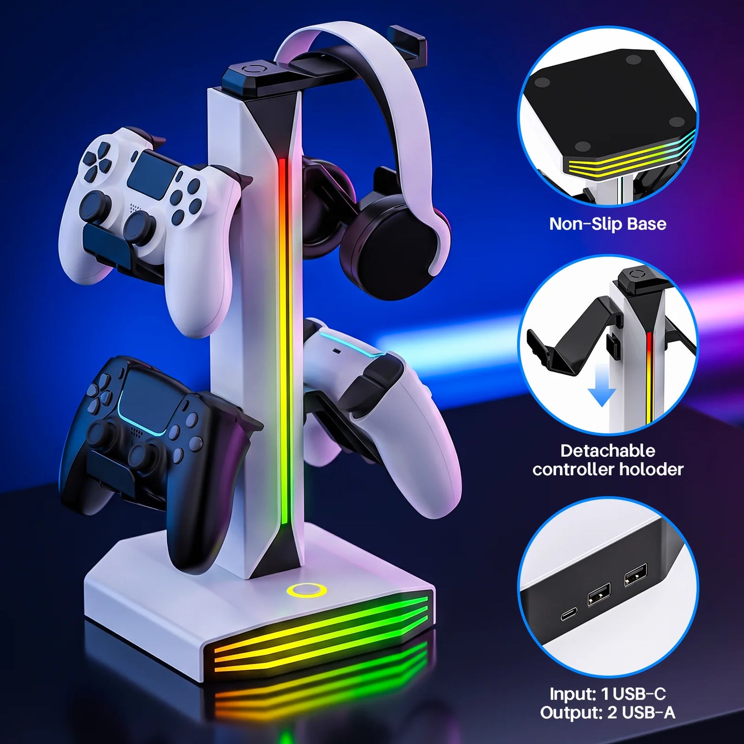 RGB Game Controller Holder Rack with 7 Light Modes, Headphone Stand 2 USB Charging and 1 Type-C for PS5/PS4/Xbox/Switch Pro