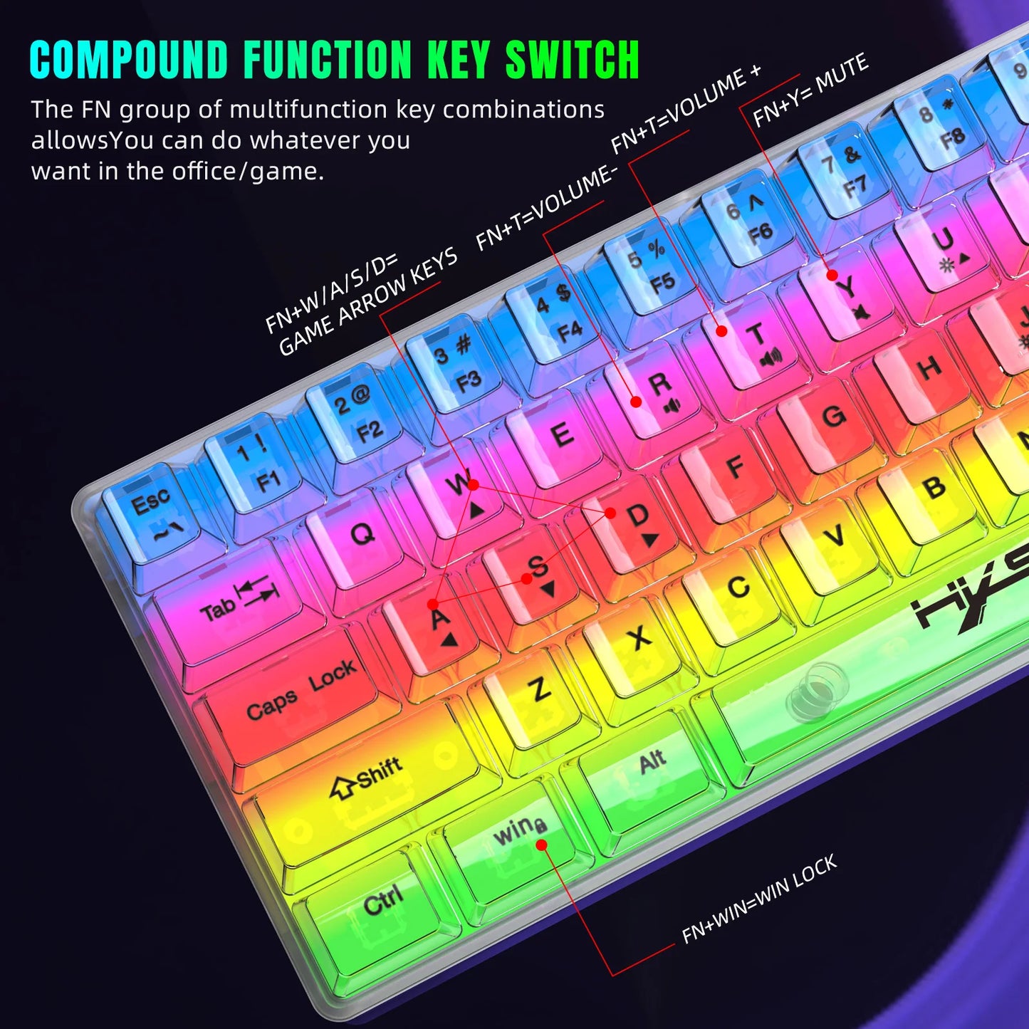 HXSJ 60% Wired Transparent Gaming Keyboard, RGB Backlit Ultra-Compact Waterproof Small Compact 61 Keys Keyboard for PC/Mac