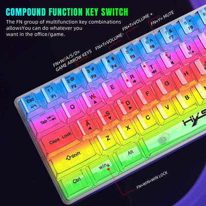 HXSJ 60% Wired Transparent Gaming Keyboard, RGB Backlit Ultra-Compact Waterproof Small Compact 61 Keys Keyboard for PC/Mac