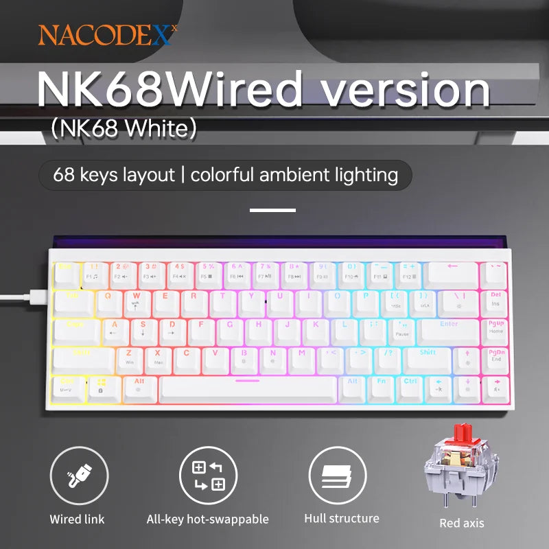 New Ajazz Nacodex Nk68 Mechanical Keyboard Terrain Keycap Rgb Light Bar 68-Key Wired Gaming Office Wired Connect Keyboard