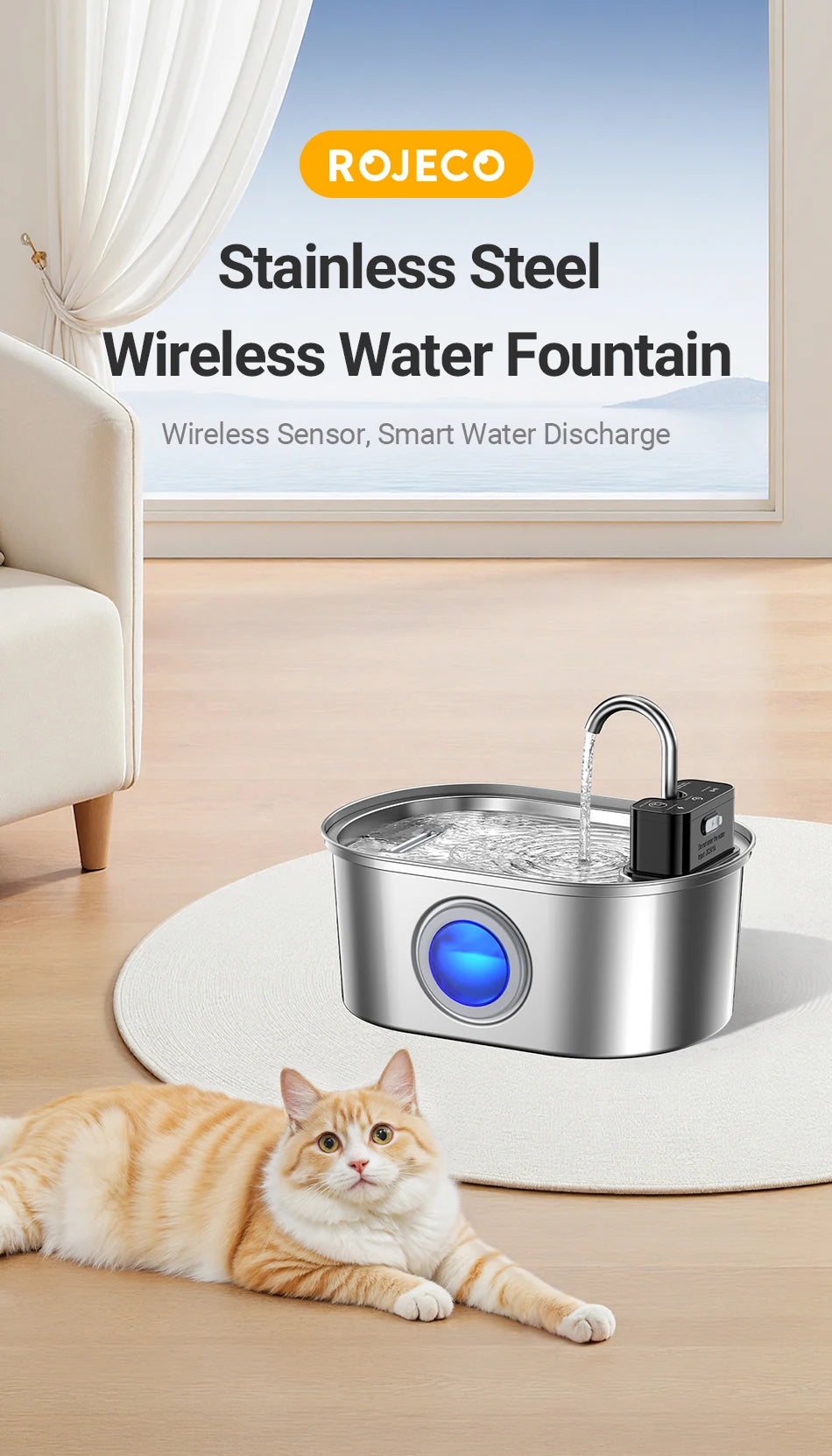 ROJECO 3.2L Stainless Steel Cat Water Fountain Wireless Sensor Smart Automatic Dog Water Dispenser Drinking Fountain 4000mAh Deals 4 U   Deals 4 U