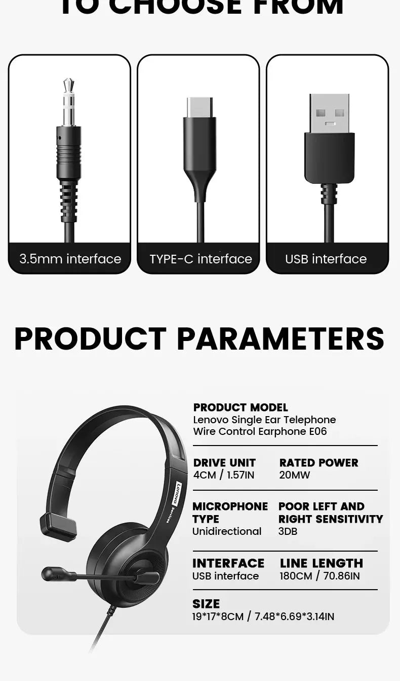 Lenovo E06 Single Ear Wired Headphone With Microphone Stereo Effect Business Meeting Office HD Call Scalable Gaming Headsets Deals 4 U  Gaming Accessories Deals 4 U