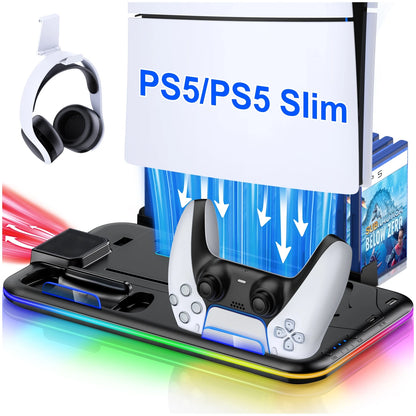 BEBONCOOL S2000 PS5 Slim Stand | 3-Gear Cooling RGB Light Dual Charger 15 Game Slot Headset Holder for Disc/Digital Pro Gaming