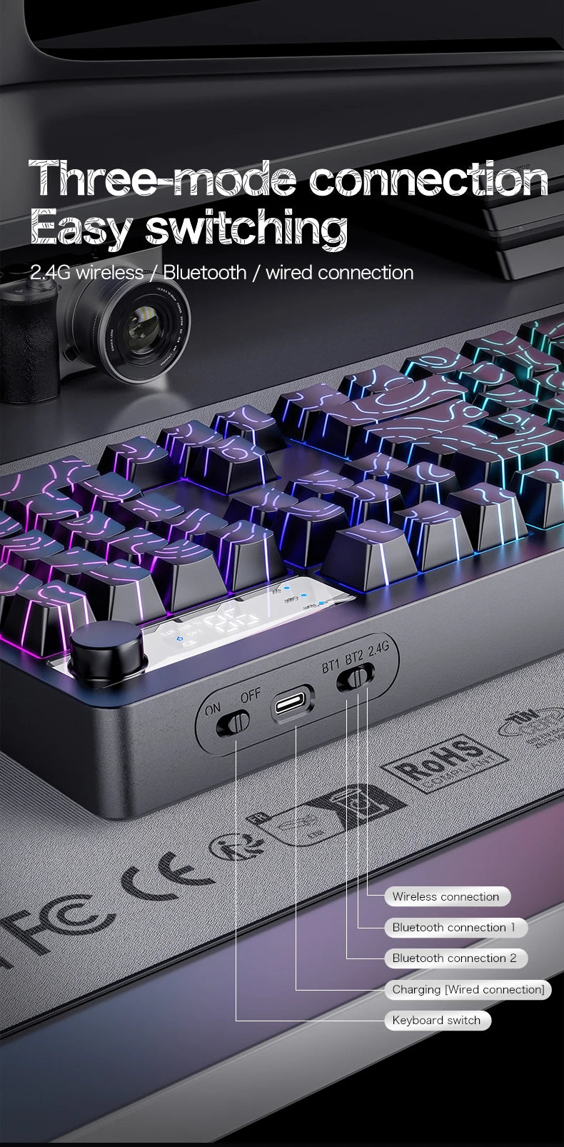 TK100 wireless Bluetooth wired triple-mode mechanical feel keyboard with high-definition display, rotary knob and RGB lighting
