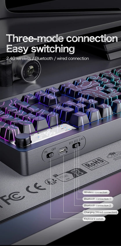 TK100 wireless Bluetooth wired triple-mode mechanical feel keyboard with high-definition display, rotary knob and RGB lighting