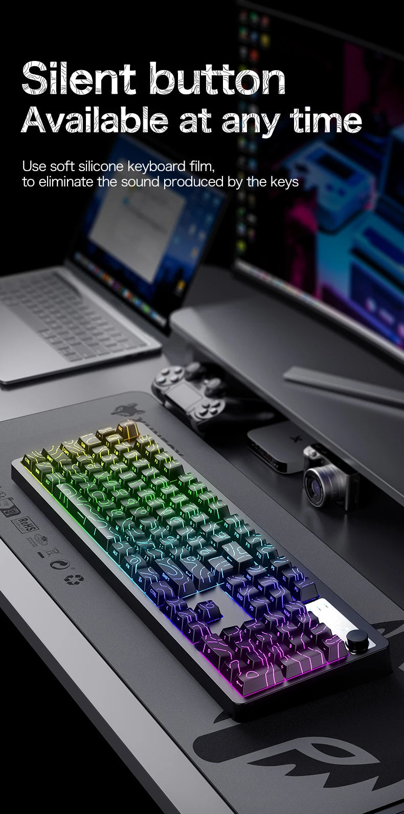 TK100 wireless Bluetooth wired triple-mode mechanical feel keyboard with high-definition display, rotary knob and RGB lighting