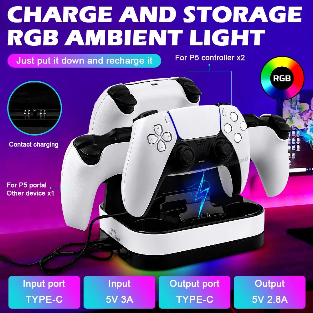NEW For PS5 Controller Charger Stand LED Indicator & RGB Light Dual Charging Dock for PS5 Controller & PS Portal Games Accessori