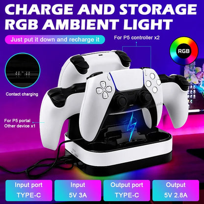 NEW For PS5 Controller Charger Stand LED Indicator & RGB Light Dual Charging Dock for PS5 Controller & PS Portal Games Accessori
