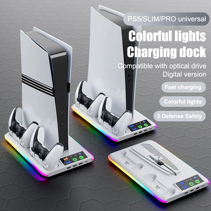 For PS5 Slim/PS5 Stand Cooling Holder & Controller Charging Station With Headphone Hook RGB Light 3 Levels Cooling Fan For PS5