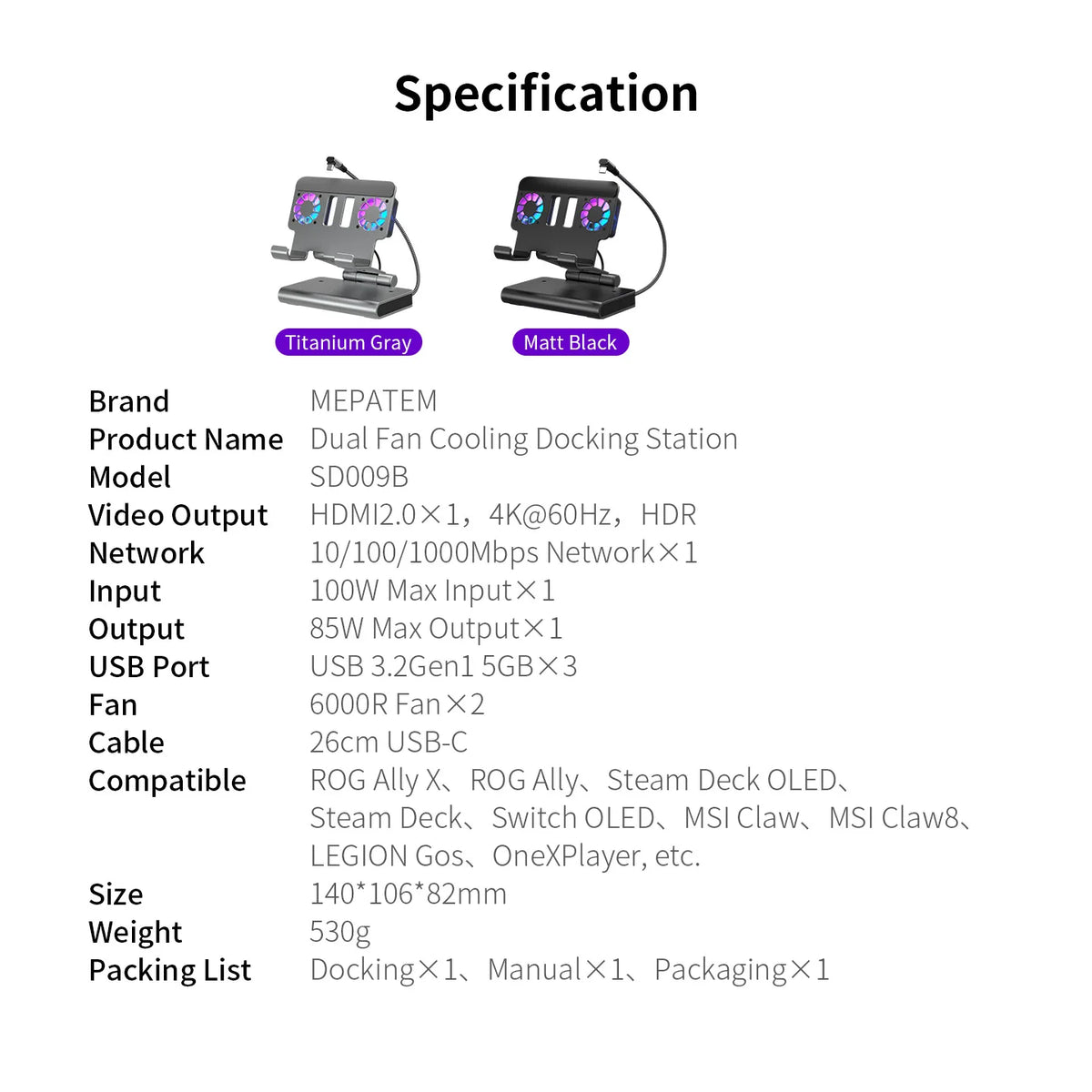 6-in-1 Gaming Console Cooling Dock with Metal Bracket RGB Dual Fans Adjustable Height for ROG ALLY Steam Deck LEGION Go Ipad