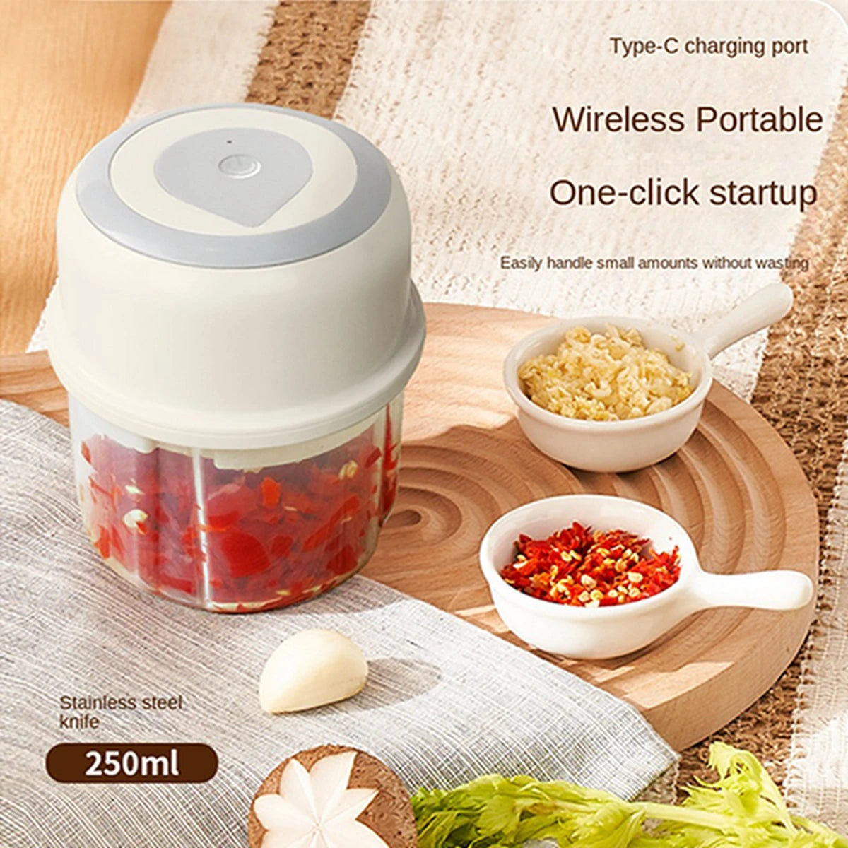 250ML Electric Garlic Chopper Mini Portable Vegetable Chopper, Wireless Food Processor Garlic Mincer for Onion Ginger Chili Deals 4 U   Deals 4 U