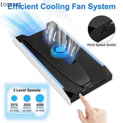 For PS5 Slim/PS5 Pro Vertical Cooling Stand Base RGB VR Headset Controller Charger Dock Station W/ 3-Speed Cooling Fan For PS5