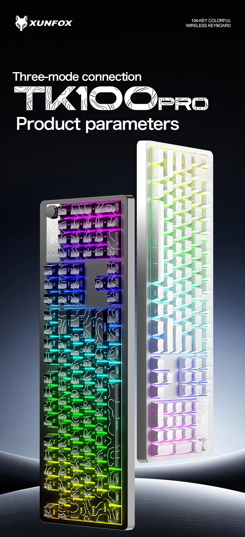 TK100 wireless Bluetooth wired triple-mode mechanical feel keyboard with high-definition display, rotary knob and RGB lighting
