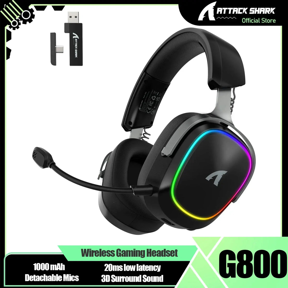 ATTACK SHARK G800 Wireless Gaming Headset, 1000 mAh, Detachable Mics, Aluminum alloy frame, 3D Surround Sound, 20ms low latency Deals 4 U  Gaming Accessories Deals 4 U