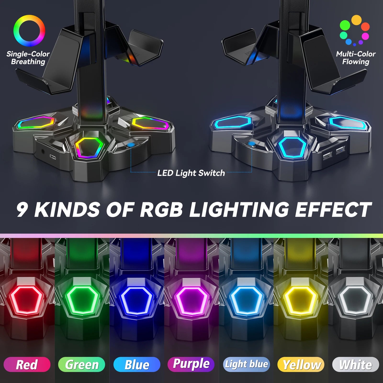 USB Hub Controller Holder Headphones Stand Rotatable Headset Stand with 9 Light Modes with 2 USB Charging Type-C Ports Deals 4 U   Deals 4 U
