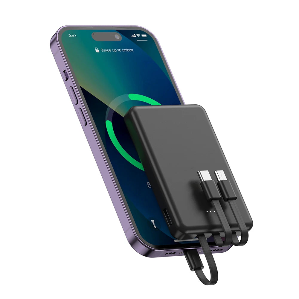 Mini 5000mAh Portable Power Bank With Built-in LED Digital Display, 1 USB-A Port and 3 Integrated Charging Cords, Ultra Compact External Battery Pack, Support Multiple Devices Simultaneous Charging Compatible With  Android Sm Deals 4 U   Deals 4 U