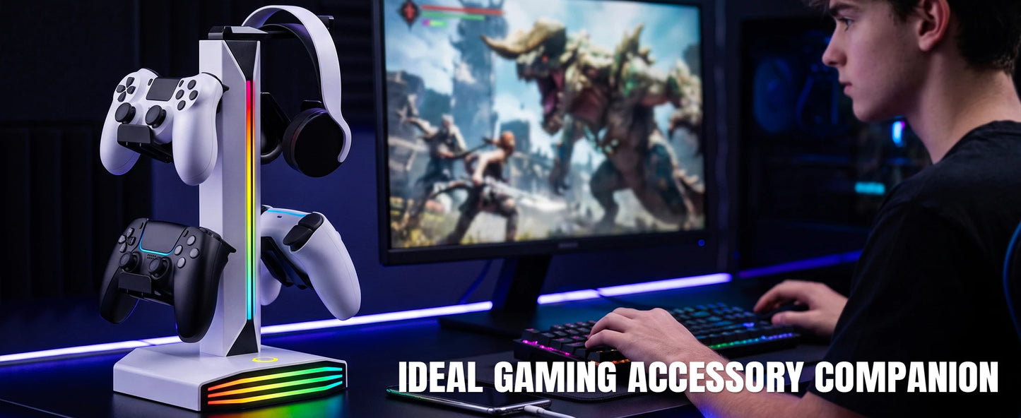 RGB Game Controller Holder Rack with 7 Light Modes, Headphone Stand 2 USB Charging and 1 Type-C for PS5/PS4/Xbox/Switch Pro