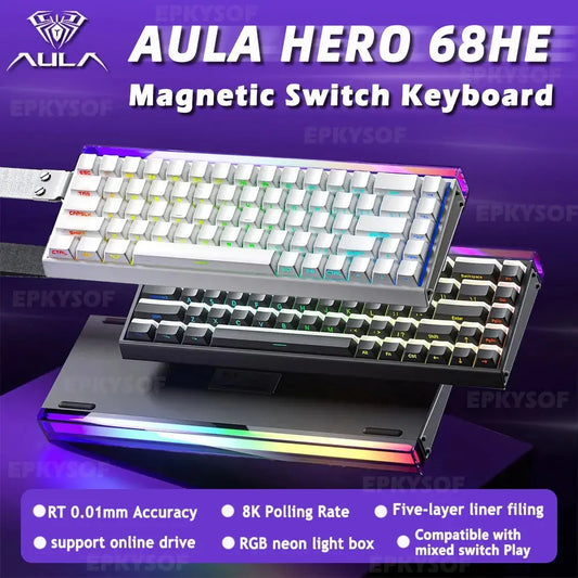 AULA HERO 68HE Magnetic Switch Keyboard RGB Gaming Mechanical Keyboard Rapid Trigger 8K Return Wired Esports Custom Keyboard Deals 4 U  Gaming Accessories Deals 4 U
