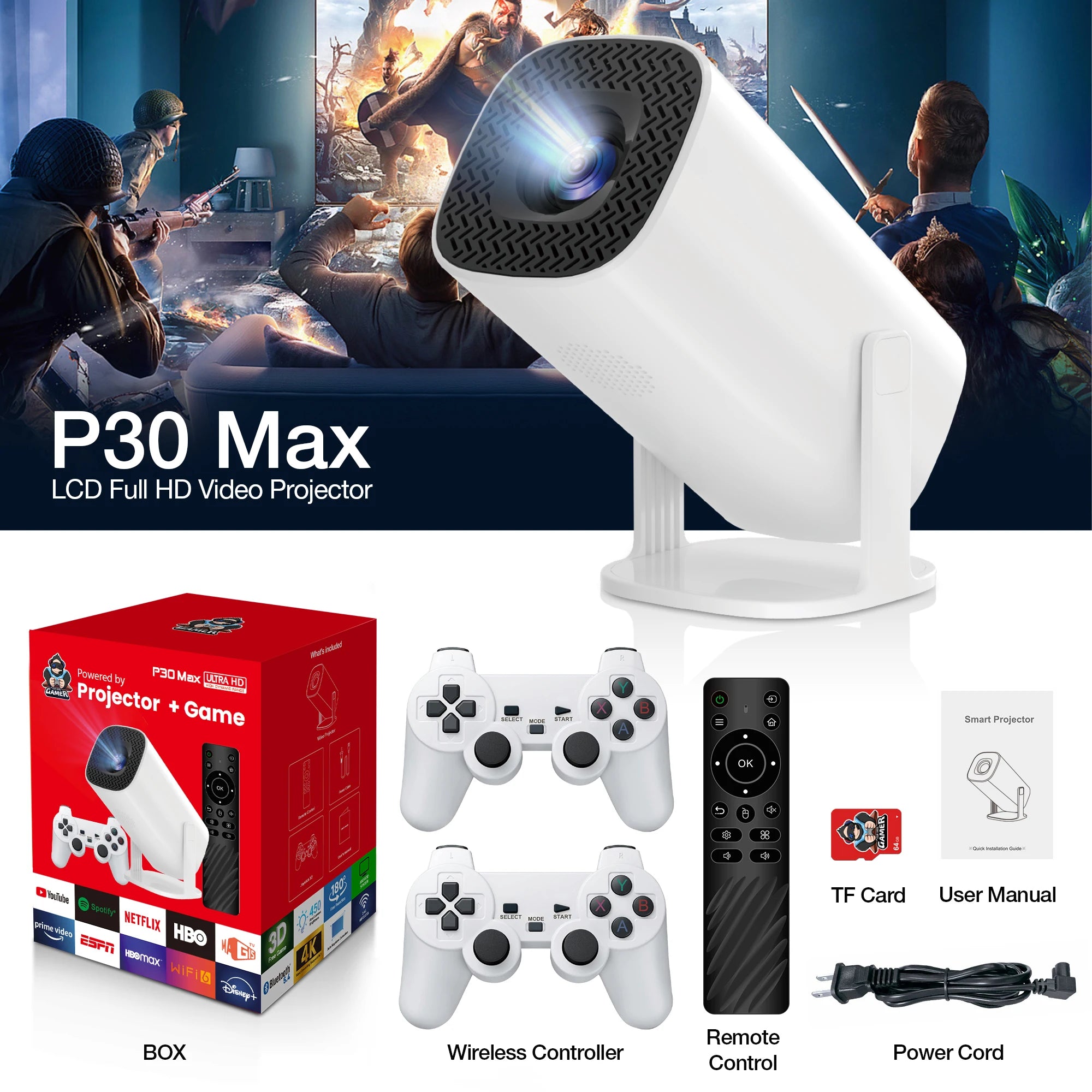 3D Game Projector P30MAX Retro Video Game Console Wireless Controller 4K ULTRA HD plug and play Android11 BT5.0 720P Home Cinema Deals 4 U   Deals 4 U