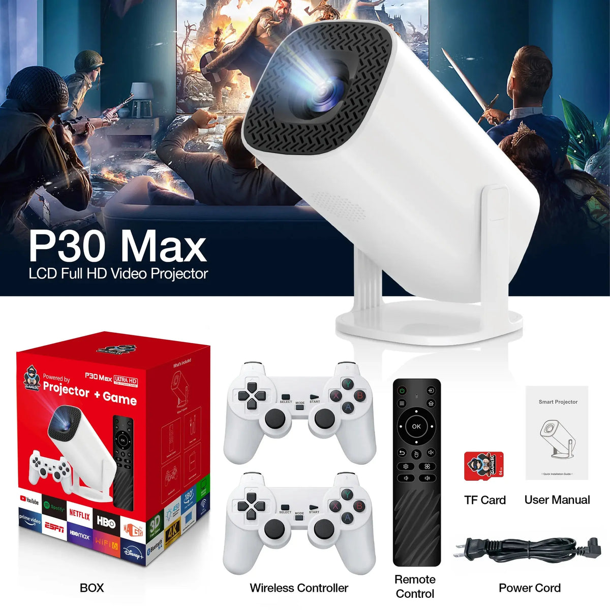 3D Game Projector P30MAX Retro Video Game Console Wireless Controller 4K ULTRA HD plug and play Android11 BT5.0 720P Home Cinema Deals 4 U  Gaming Accessories Deals 4 U