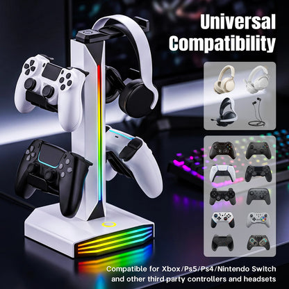 RGB Game Controller Holder Rack with 7 Light Modes, Headphone Stand 2 USB Charging and 1 Type-C for PS5/PS4/Xbox/Switch Pro