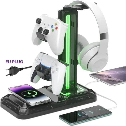 Headphone & Controller Stand with Wireless Charging Rotatable Headset Stand with 9 Light Modes Controller Holder with EU plug Deals 4 U  Gaming Accessories Deals 4 U