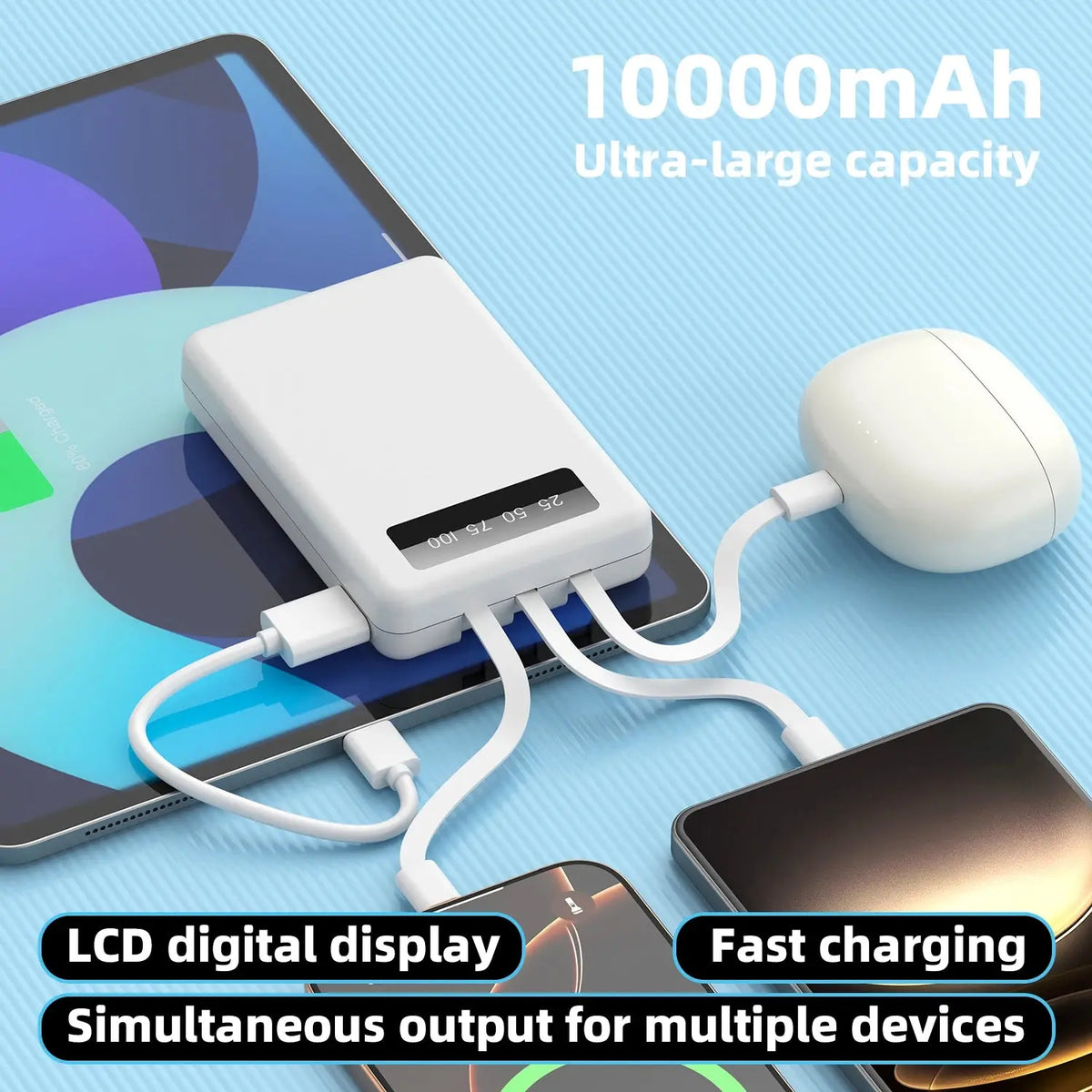 Mini Slim 10000mAh Portable Power Bank, Built-in LED Digital Display, 1 USB-A Port & 3 Integrated Cables, Small Lightweight Design, Multi-Device Simultaneous Charging for Travel, Camping and Emergency, Compatible with Android Deals 4 U  Mobile Gaming Deals 4 U