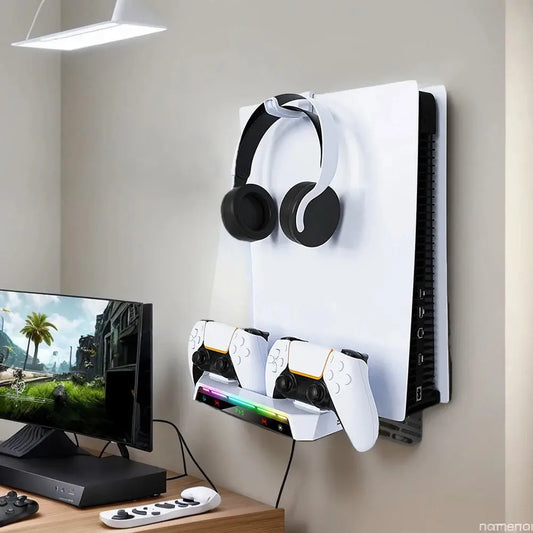 For PS5/PS5 Slim Wall Mount Kit With Dual Controller Charging Station Controller Headset Holder For Playstation 5 Accessories Deals 4 U  Console Accessories Deals 4 U
