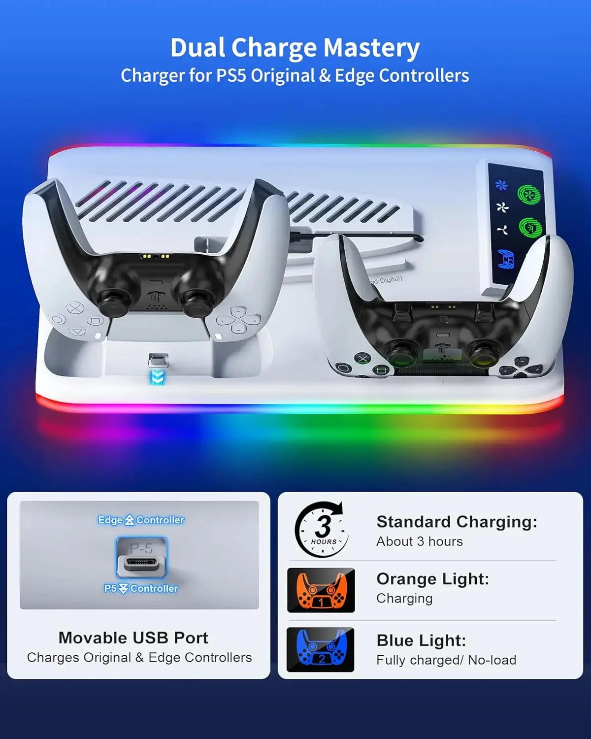 For PS5/Slim/Pro Cooling Stand with LED Controller Charging Station, 3-Gear Cooling Fan for PlayStation 5 Console Accessories Deals 4 U  Gaming Accessories Deals 4 U