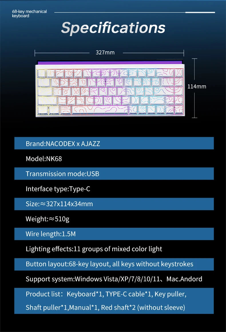 Mechanical Keyboard AJAZZ NK68 68-key hot-swappable gaming keyboard with RGB backlit keys ergonomic design and USB wired