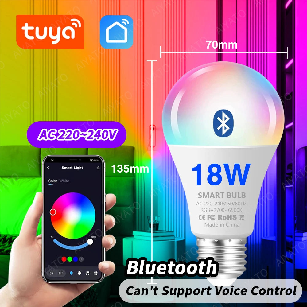 Tuya WIFI Bluetooth LED Bulb Smart Life APP Control Dimmable 9W 18W E27 220V RGB+CW+WW Color Change Lamps Compatible IOS/Android Deals 4 U   Deals 4 U