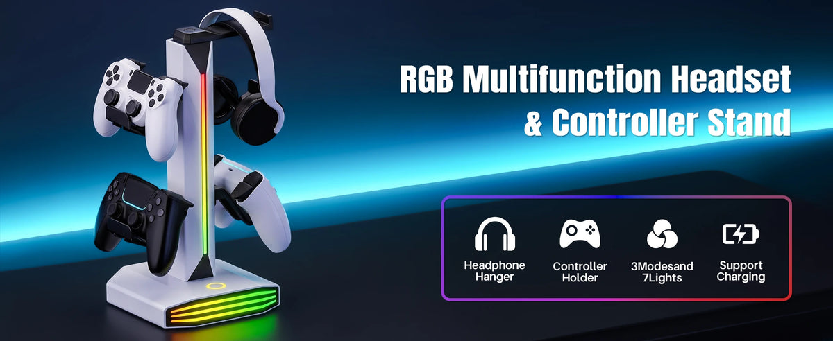 RGB Game Controller Holder Rack with 7 Light Modes, Headphone Stand 2 USB Charging and 1 Type-C for PS5/PS4/Xbox/Switch Pro