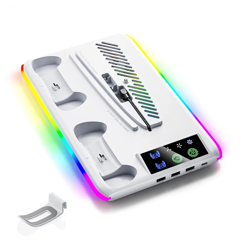 For PS5 Slim/PS5 Stand Cooling Holder & Controller Charging Station With Headphone Hook RGB Light 3 Levels Cooling Fan For PS5