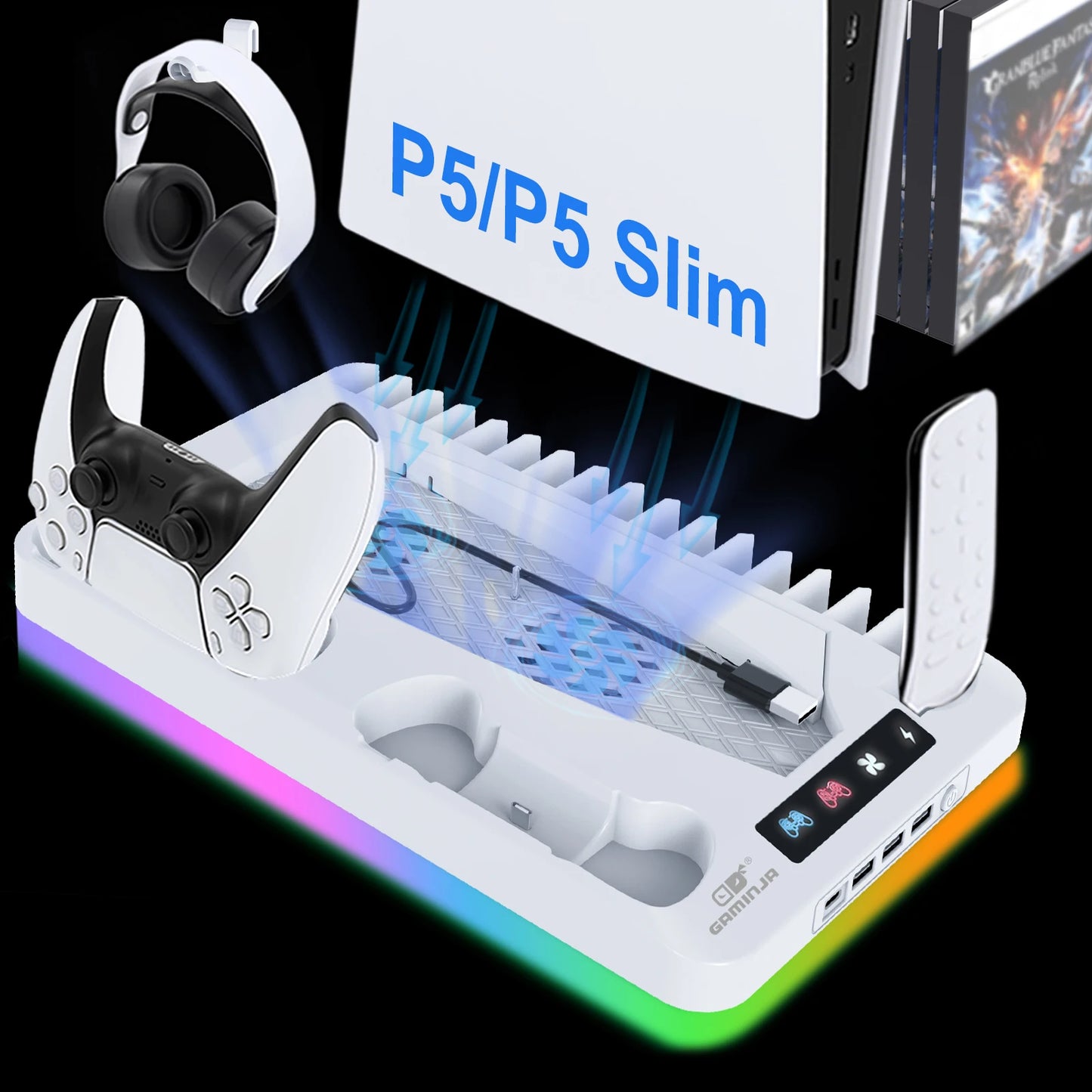 GAMINJA P58 RGB Cooling Stand For PS5 Slim Console Gamepad Charging Base Headset Hook Game CD Storage Rack For PS5 Disc&Digital