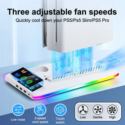 For PS5 Slim/PS5 Stand Cooling Holder & Controller Charging Station With Headphone Hook RGB Light 3 Levels Cooling Fan For PS5