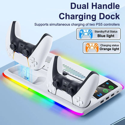 For PS5 Slim/PS5 Stand Cooling Holder & Controller Charging Station With Headphone Hook RGB Light 3 Levels Cooling Fan For PS5