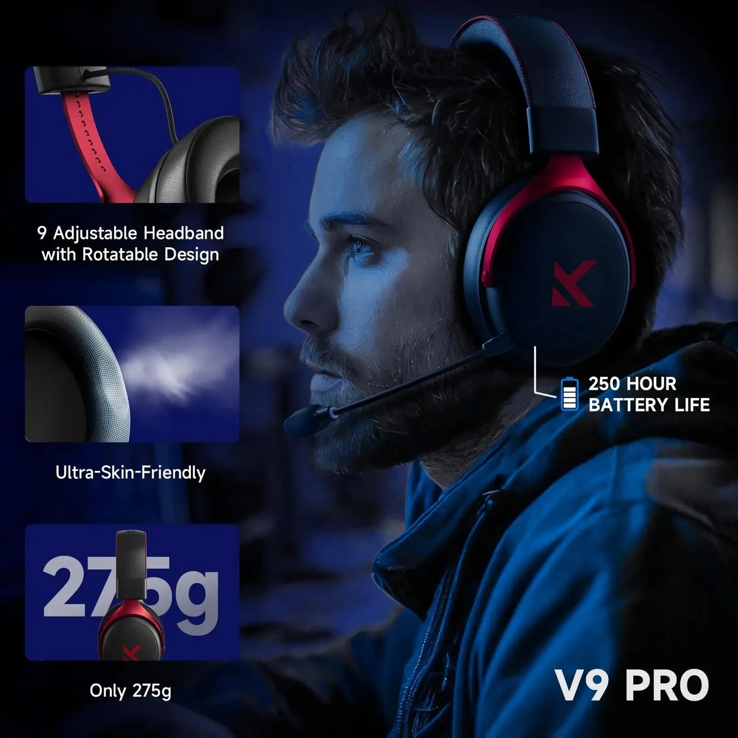 MCHOSE V9 Pro Wireless Headset 7.1 Surround Sound 53mm Gaming Headphones Noise Canceling Mic Low Latency Lightweight for PS5 PC SWITCH with Microphone