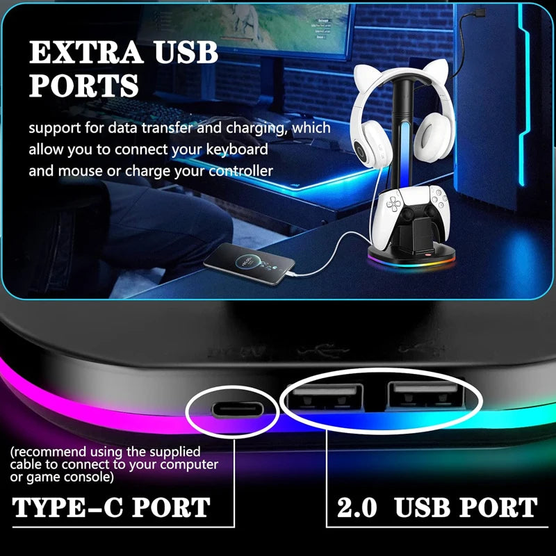 Controller Charging Station W RGB Headphone Stand Charger Holder W 2 USB Port Headset Stand for PS5/4 Xbox Series X/S  Switch