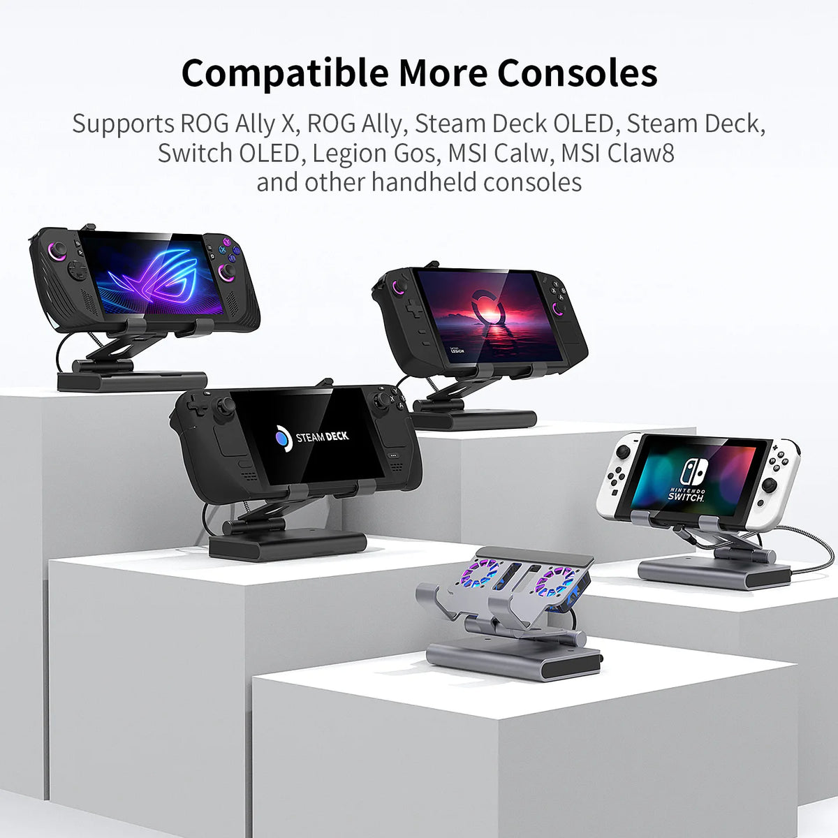 6-in-1 Gaming Console Cooling Dock with Metal Bracket RGB Dual Fans Adjustable Height for ROG ALLY Steam Deck LEGION Go Ipad
