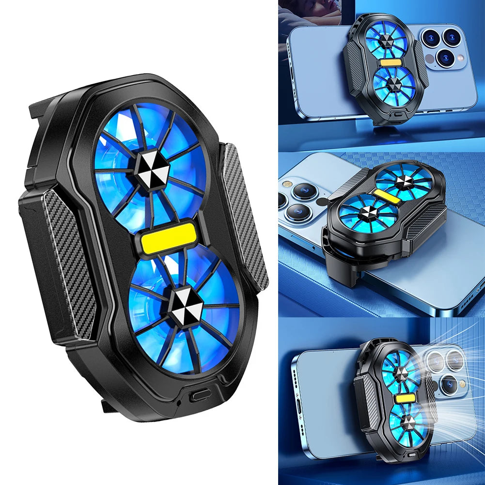 Dual Fan Mobile Phone Cooler Plug-in/Rechargeable Phone Cooler Air Cooling Type-C with Blue Light for Android Smartphones iPhone Deals 4 U   Deals 4 U