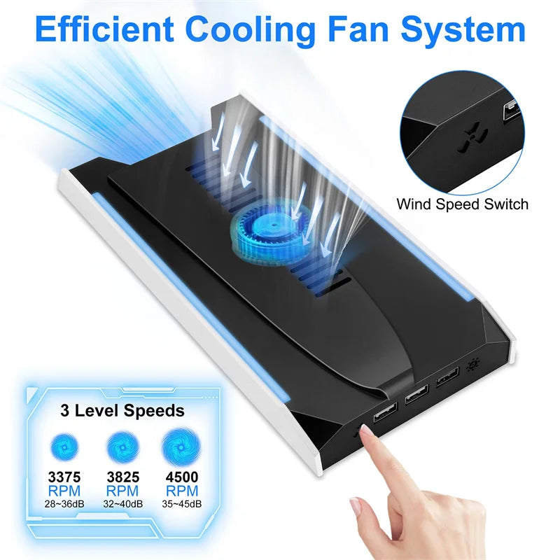 For PS5 Slim/PS5 Pro Vertical Cooling Stand Base RGB VR Headset Controller Charger Dock Station W/ 3-Speed Cooling Fan For PS5